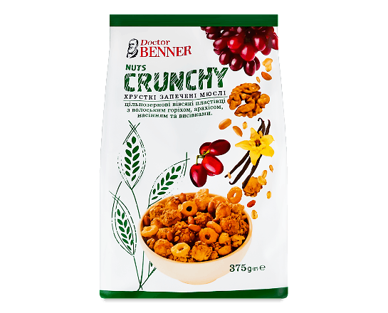 Мюслі Doctor Benner Nuts Crunchy з горіхами, насінням та висівками