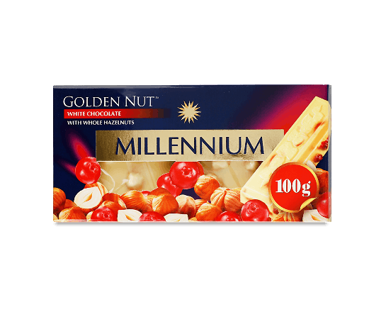 Білий шоколад Millennium Gold з цілими лісовими горіхами та журавлиною