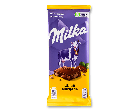 Шоколад молочний Milka з цілим мигдалем