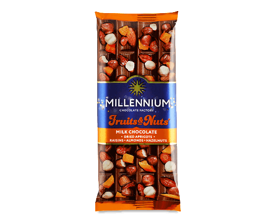 Шоколад молочний Millennium Fruits & Nuts мигдаль-лісовий горіх-курага-родзинки