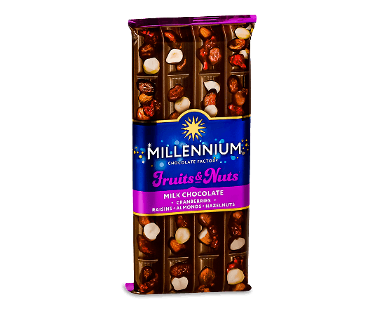 Шоколад молочний Millennium Fruits & Nuts мигдаль-лісовий горіх-журавлина-родзинки