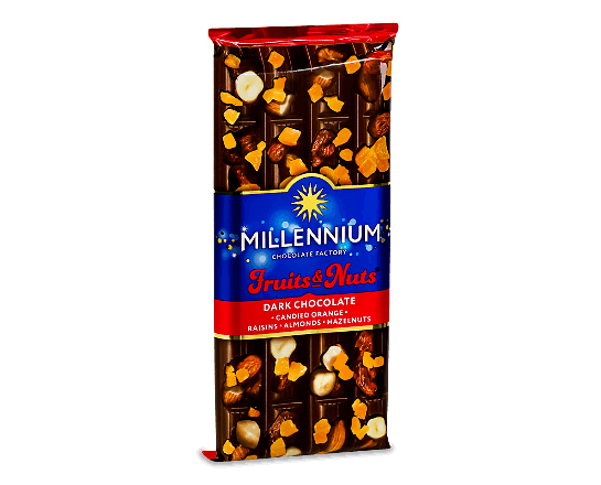 Шоколад чорний Millennium Fruits & Nuts мигдаль-лісовий горіх-цукати-родзинки