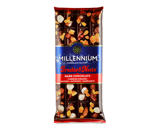 Шоколад чорний Millennium Fruits & Nuts мигдаль-лісовий горіх-цукати-родзинки