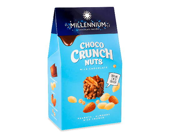 Цукерки Millennium Choco Crunch арахіс-мигдаль-рисові кульки