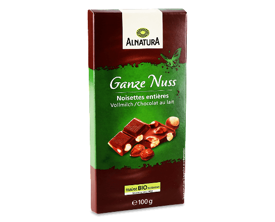 Шоколад молочний Alnatura з цілими лісовими горіхами органічний
