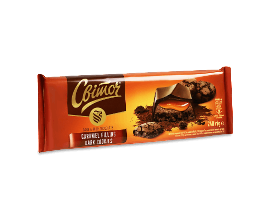 Шоколад чорний і молочний «Світоч» Caramel Filling Dark Cookies