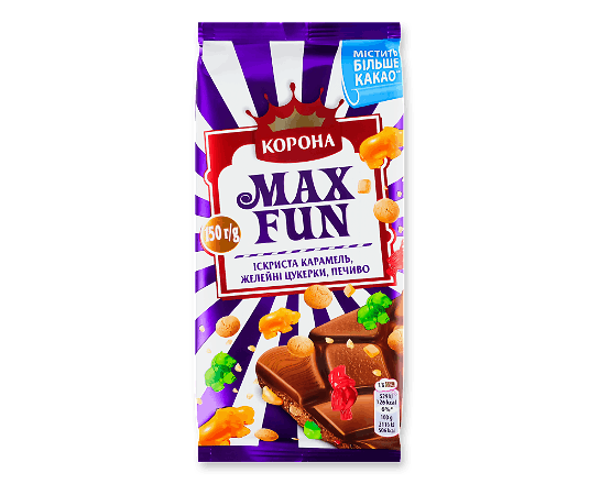 Шоколад молочний Корона Max Fun з мармеладом, печивом і карамеллю